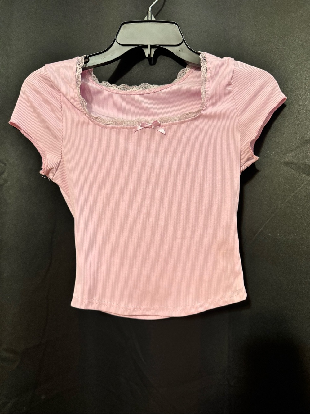 Pink Lace-Trim Ribbed Short Sleeve Top